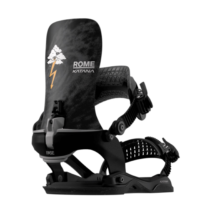 Black snowboard binding with 'Rome' branding on a white background
