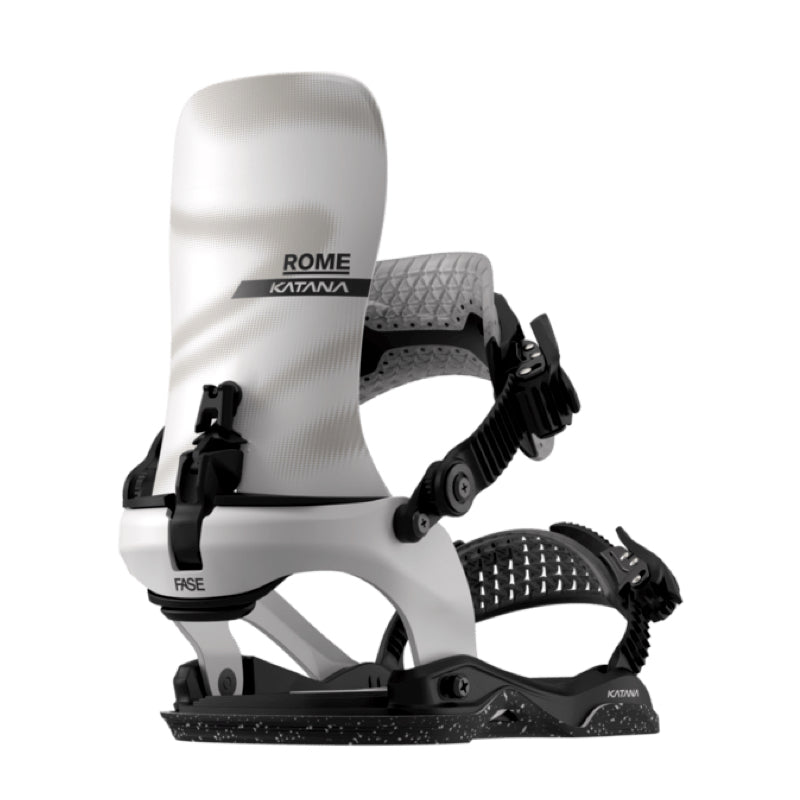 White snowboard binding with black hardware on a white background