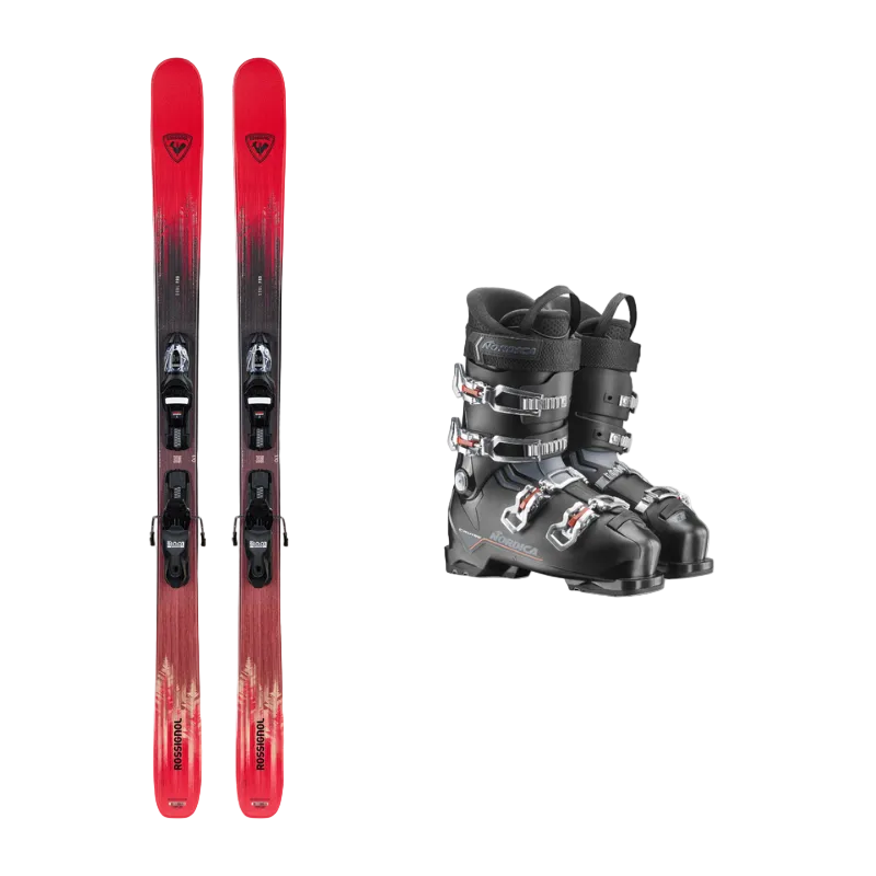 Red and black skis with a gray ski boot on a white background