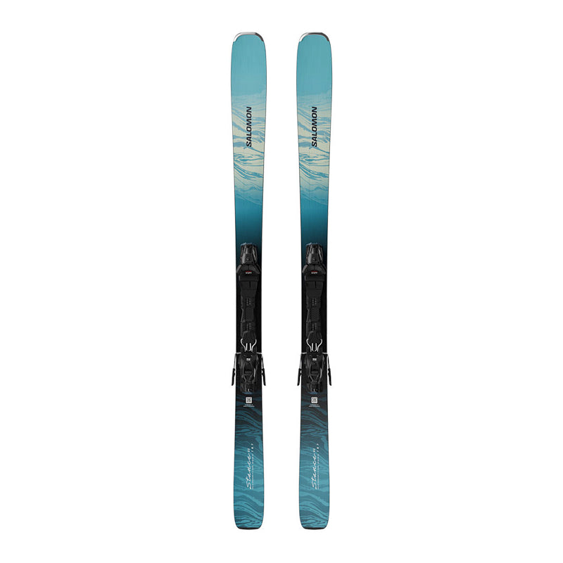 A pair of Alpinestars ski bindings with matching blue and teal skis, shown vertically against a plain white background.