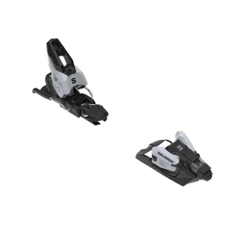 A pair of Salomon ski bindings shown against a plain white background, with one binding upright and the other angled below it.