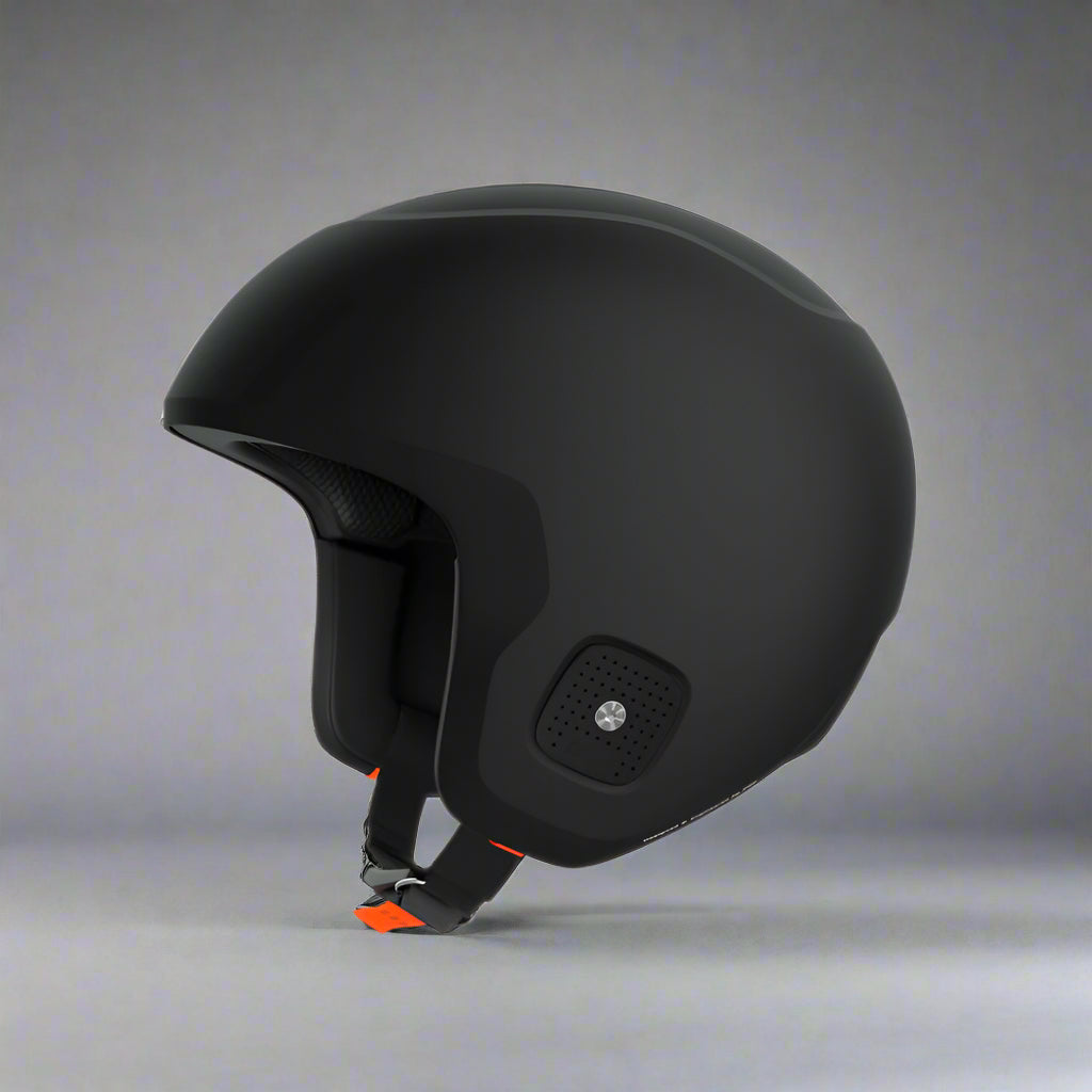 Black helmet with a small vent on a white background
