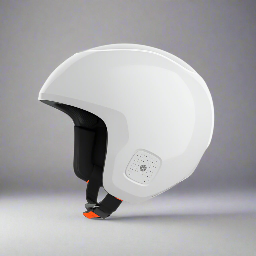 White helmet with black strap on a white background