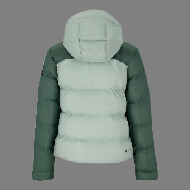 Green and gray puffer jacket
