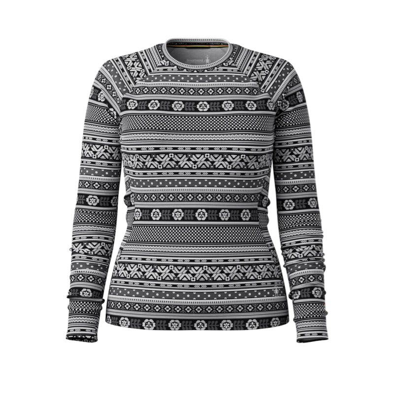 A women's long-sleeve crewneck sweater featuring a black and white Nordic/Fair Isle pattern with geometric and snowflake motifs, shown against a plain white background.
