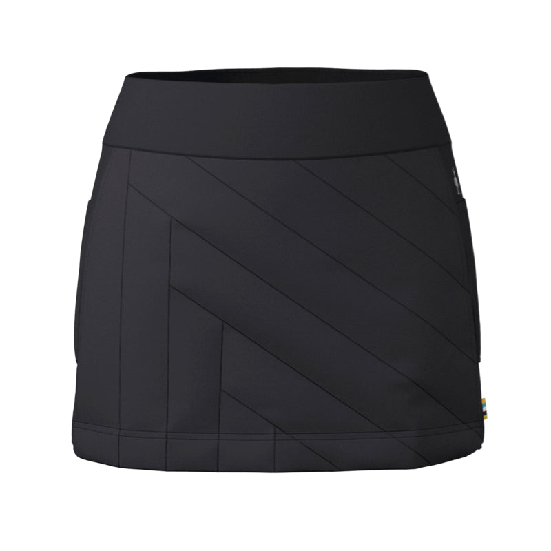 A black athletic skirt with diagonal stitched paneling, shown against a plain white background.