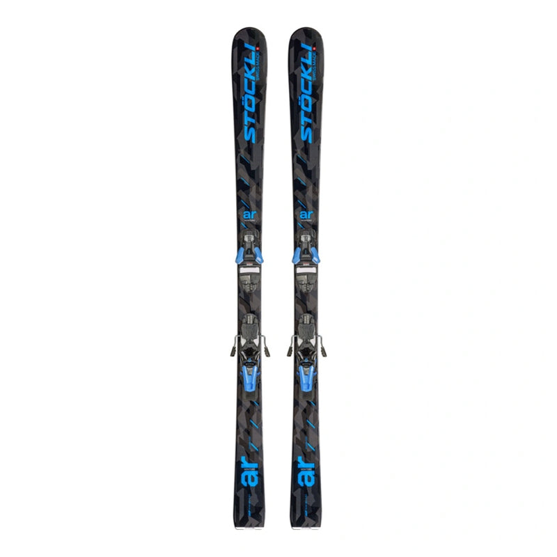 A pair of Stockli ski boots with black and blue patterned ski skins, shown vertically against a plain white background.