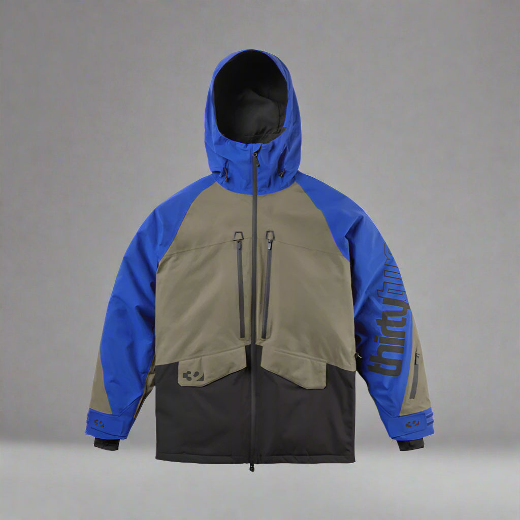 Two-tone blue and gray jacket with a brand logo on a white background