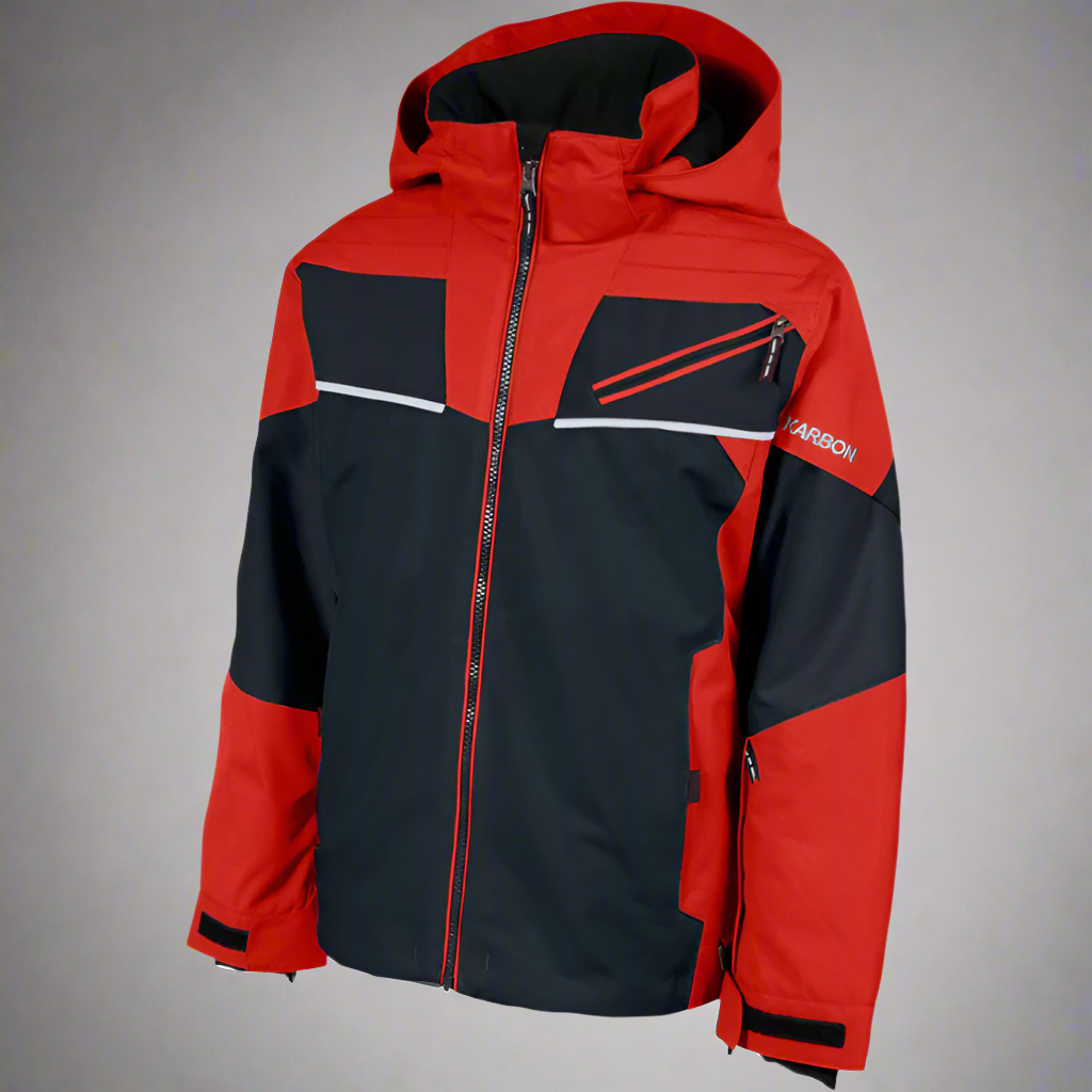 Red and black jacket with a visible brand logo on a white background