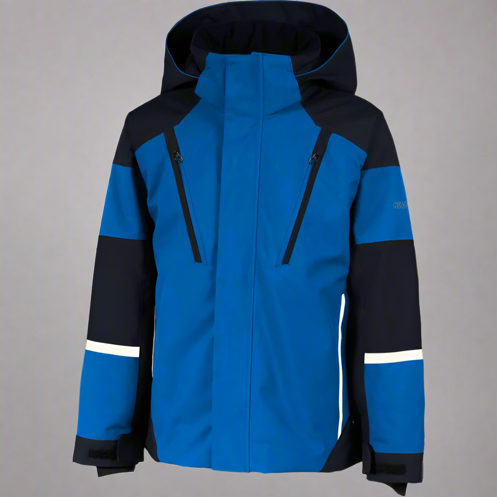 Blue and black jacket with white accents on a white background