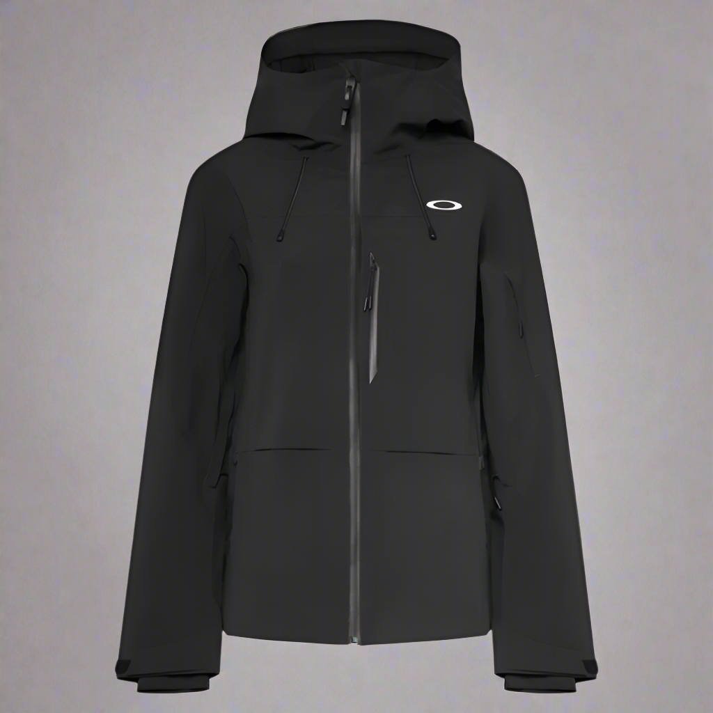 Black jacket with a brand logo on a light gray background
