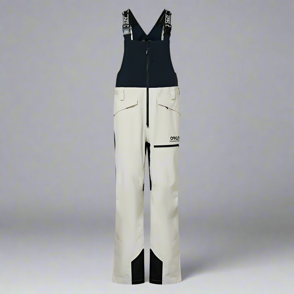 White ski bib with black accents on a white background