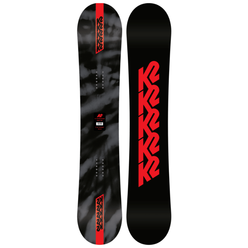 Black snowboard with red text on a white background