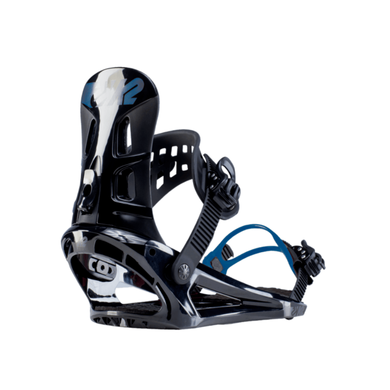 Black and blue snowboard binding on a white background
