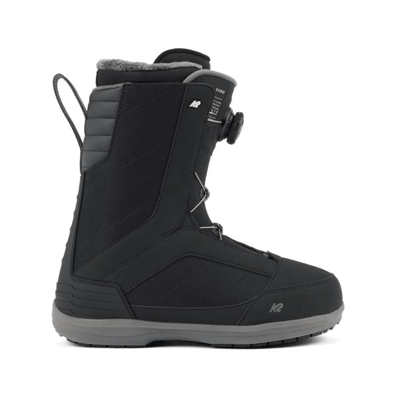 Black snow boot with gray accents on a white background