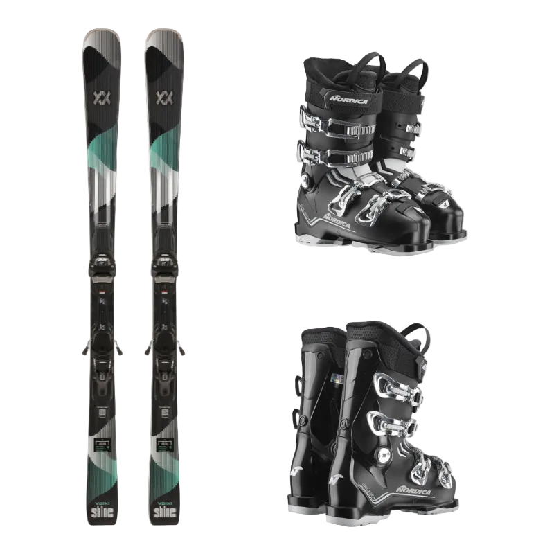 Pair of black ski boots and two skis on a white background