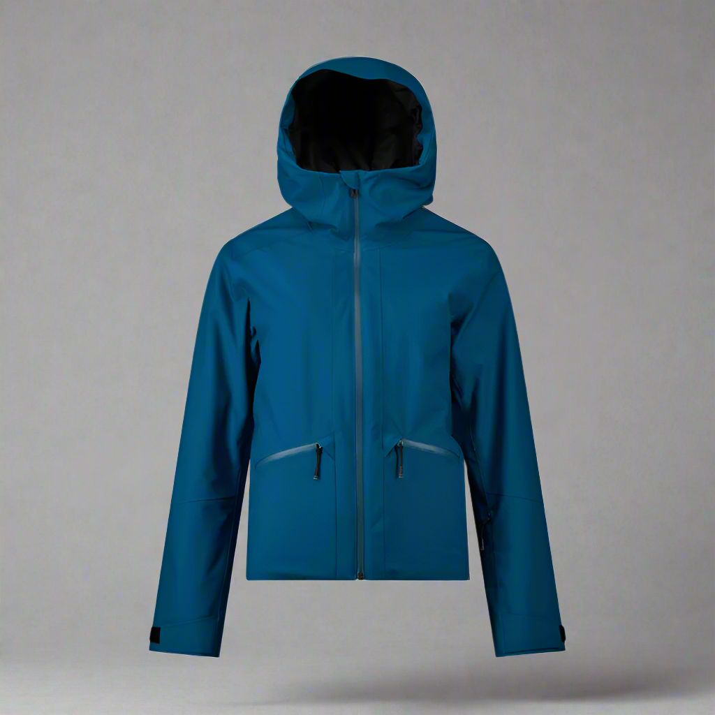 Blue jacket with a hood on a light gray background