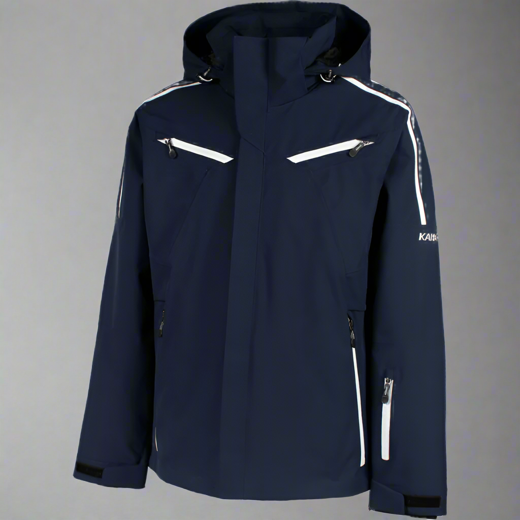 Navy blue jacket with white zippers and accents on a white background