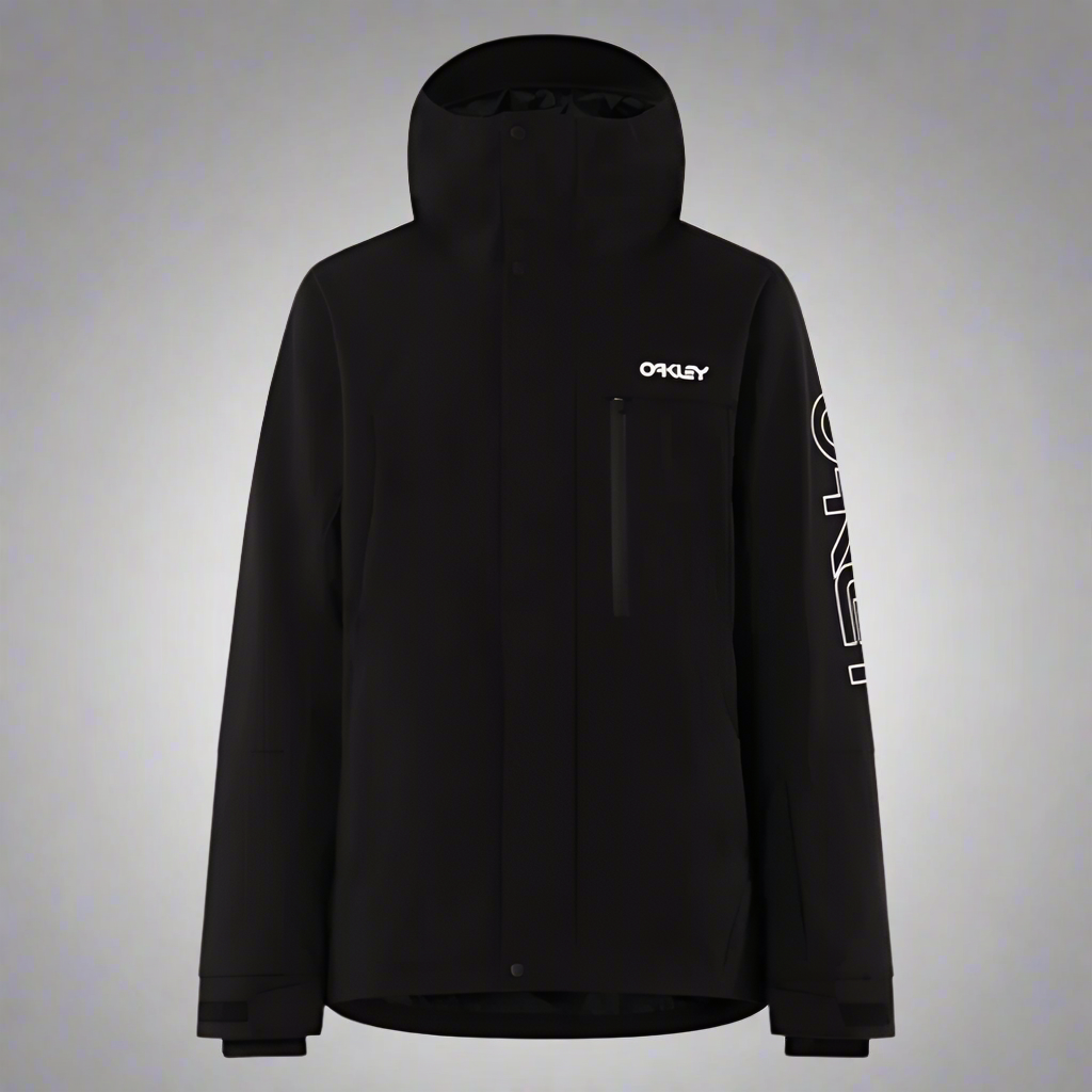 Black jacket with brand logo on a light gray background