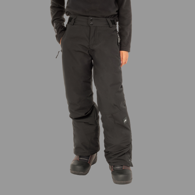 Person wearing black snow pants on a white background