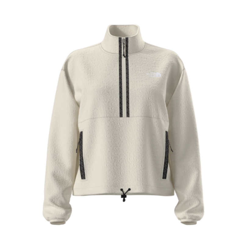 Beige fleece jacket with black zipper and accents on a white background