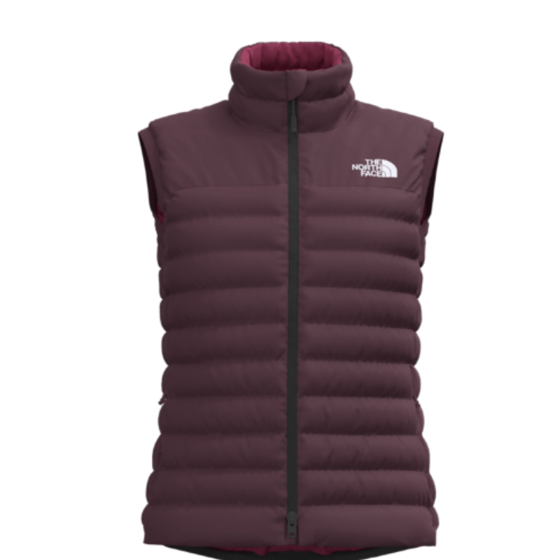 Purple puffer vest with The North Face logo on a white background