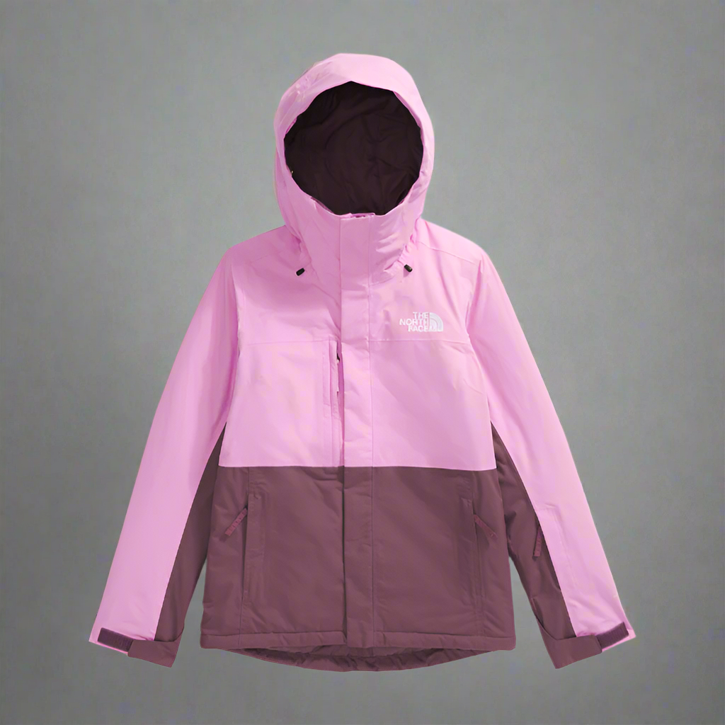 Two-tone pink and purple jacket with hood on a white background