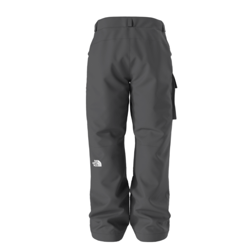Dark gray pants with a brand logo on a white background