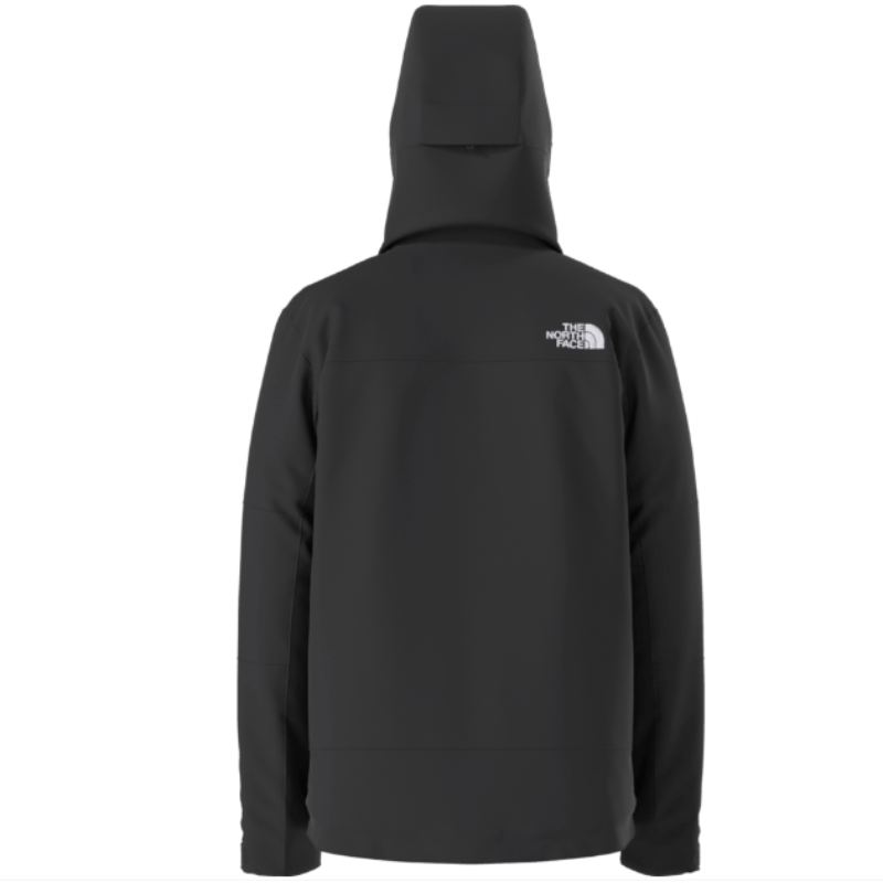Black hoodie with a brand logo on the back against a white background