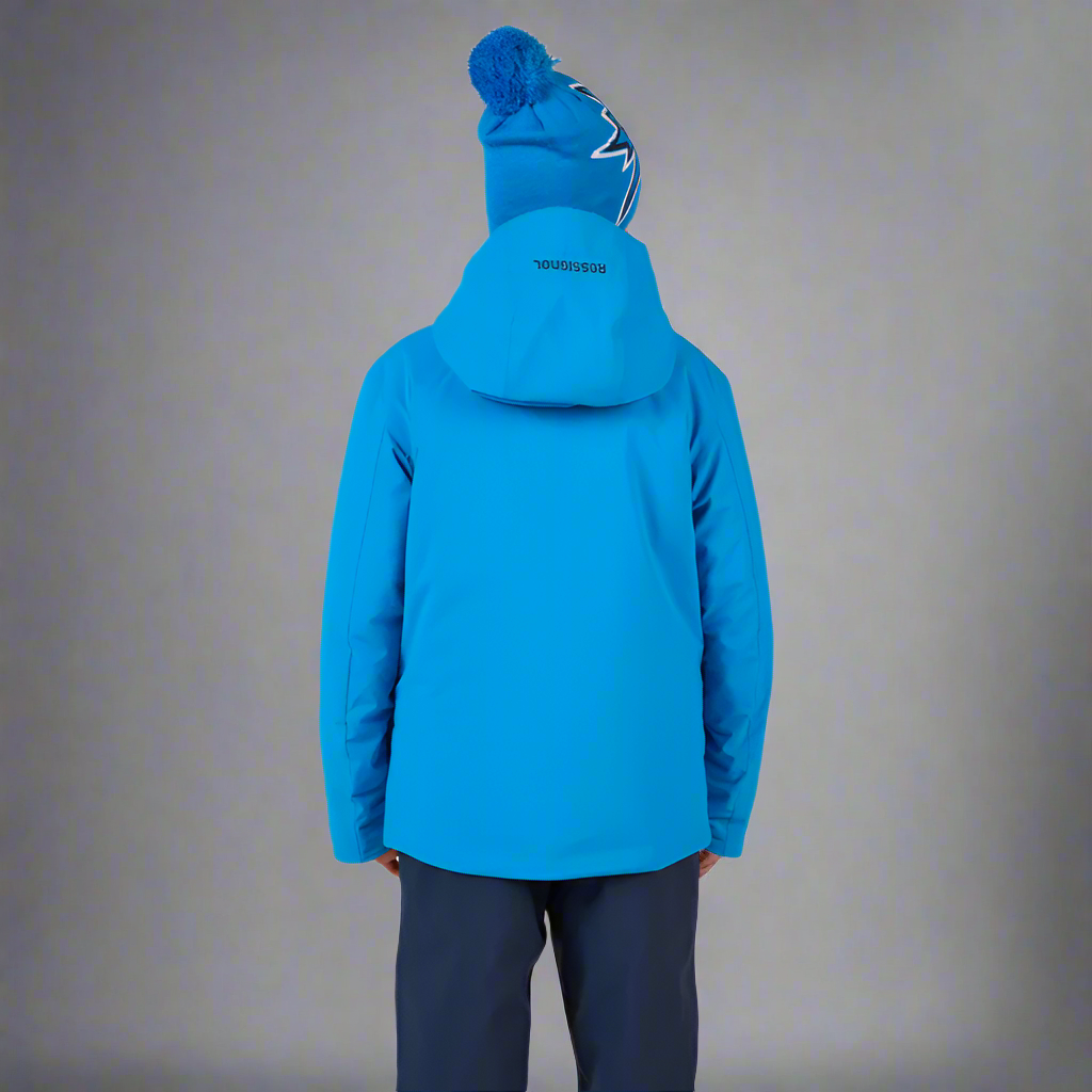 Blue winter jacket with hood on a white background