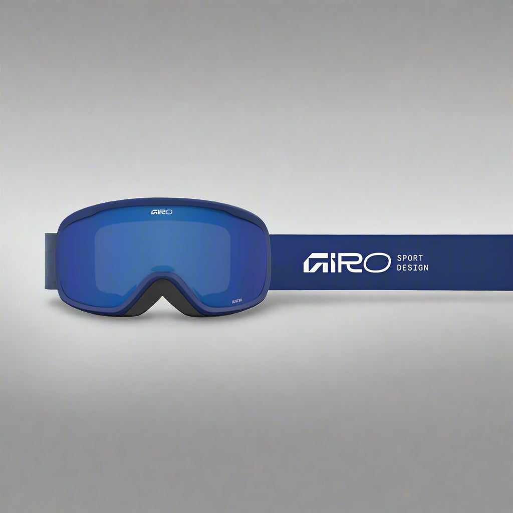 Blue ski goggles with 'Giro' branding on a grey background