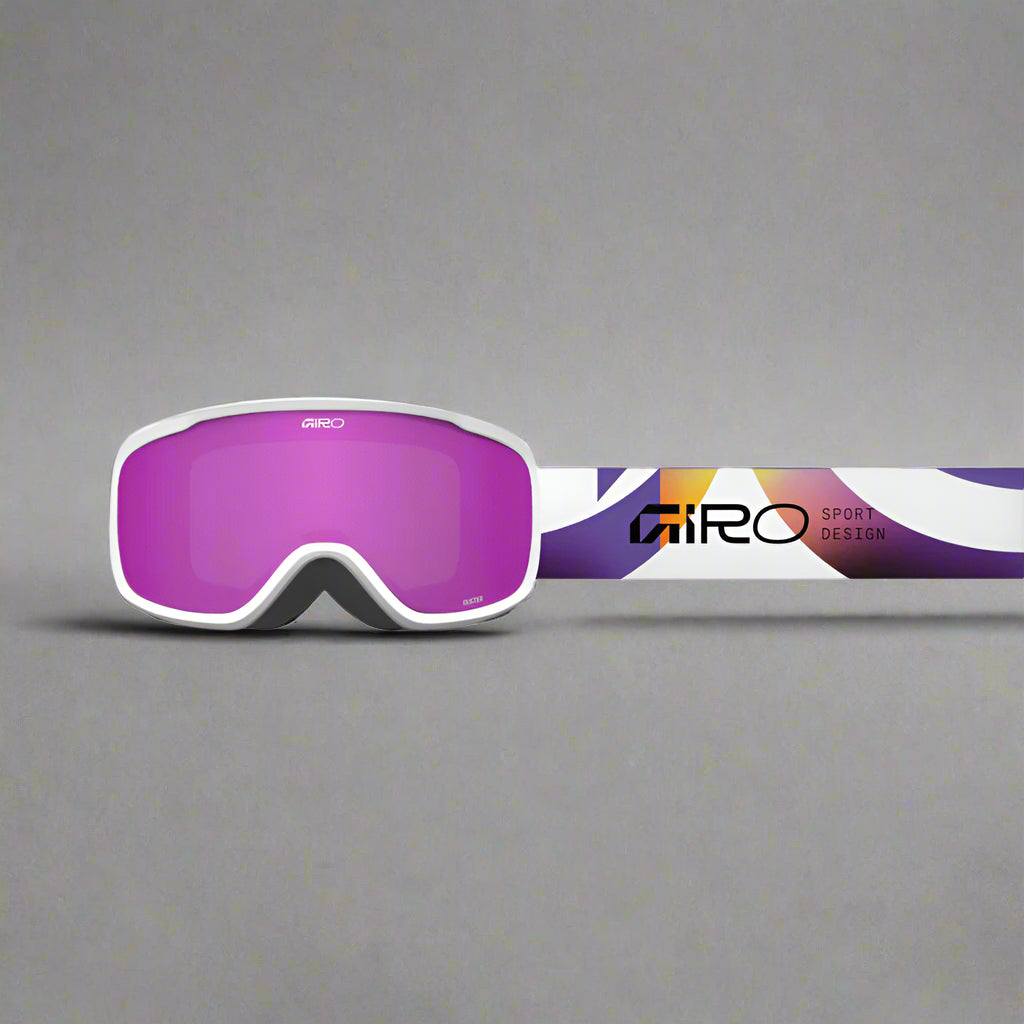 Purple ski goggles with a white frame on a white background, featuring the Giro logo.