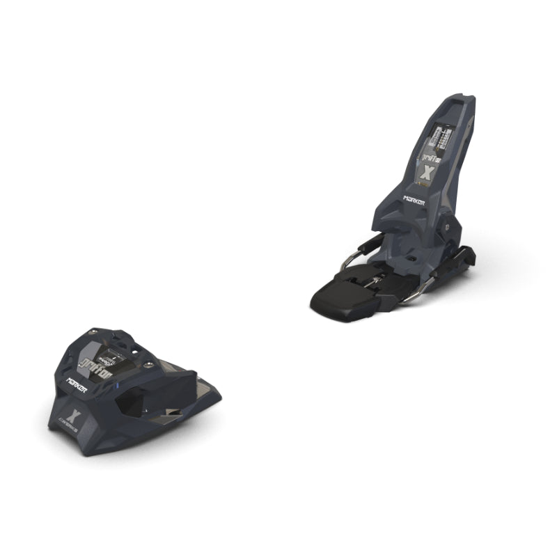 Pair of black ski bindings on a white background