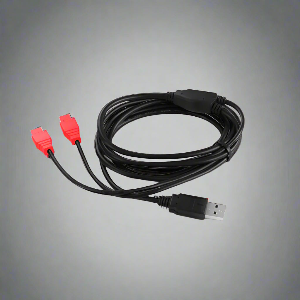 Black USB cable with red connectors on a white background