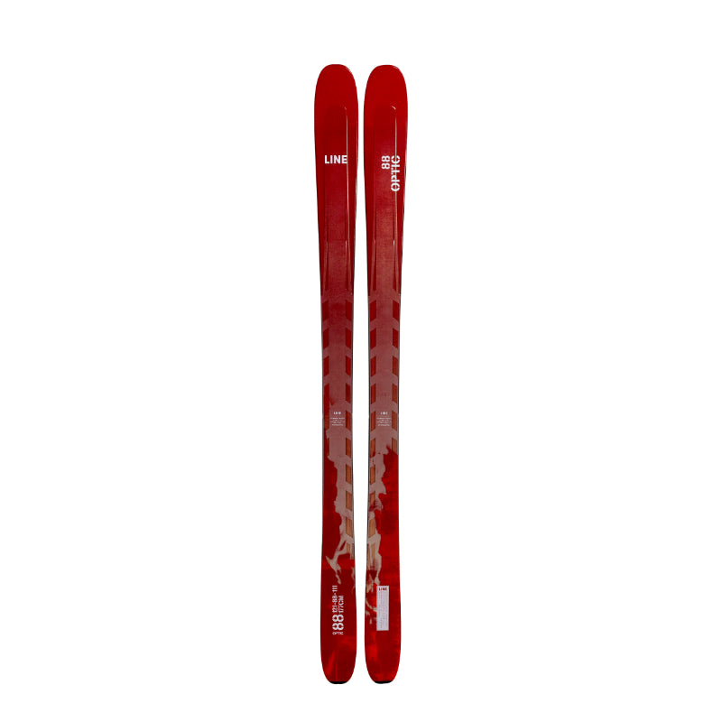 Red skis with line branding on a white background