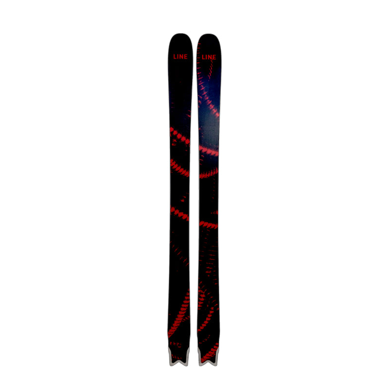Two skis with a black and red design on a white background