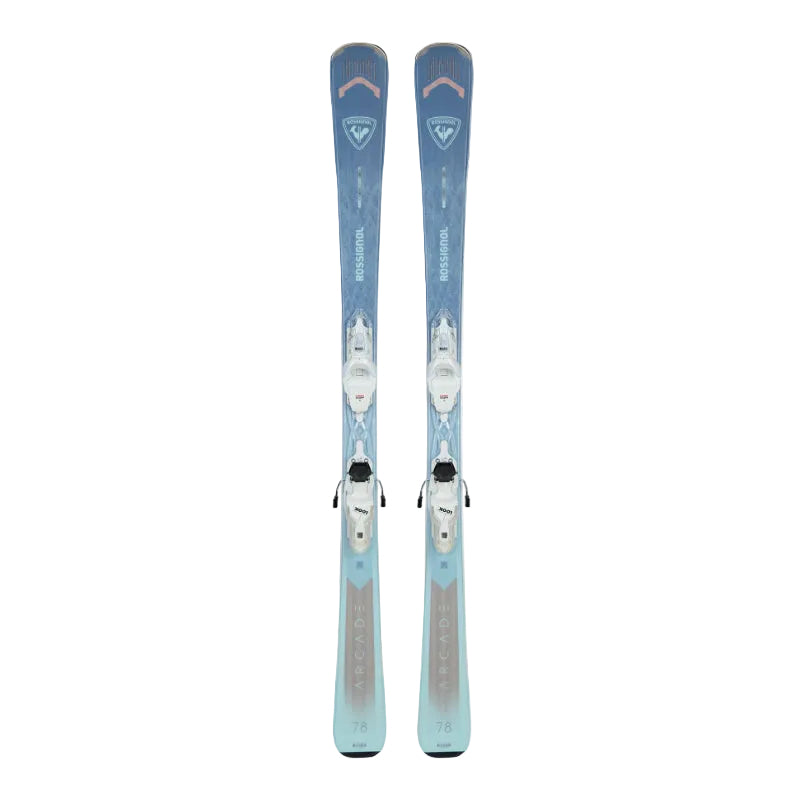 Pair of blue skis with bindings on a light background