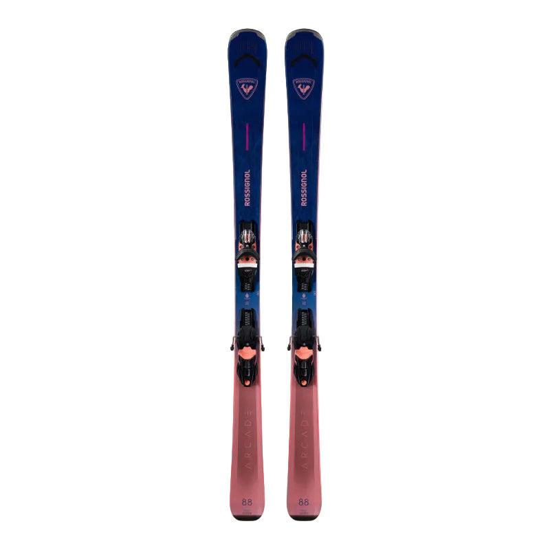 Pair of blue and pink skis with bindings on a white background