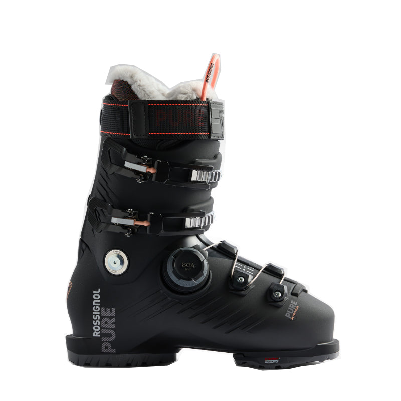 Black Rossignol ski boot on a white background
