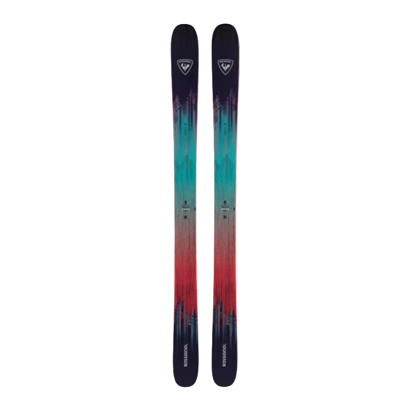 Gradient skis with red, blue, and black colors on a white background