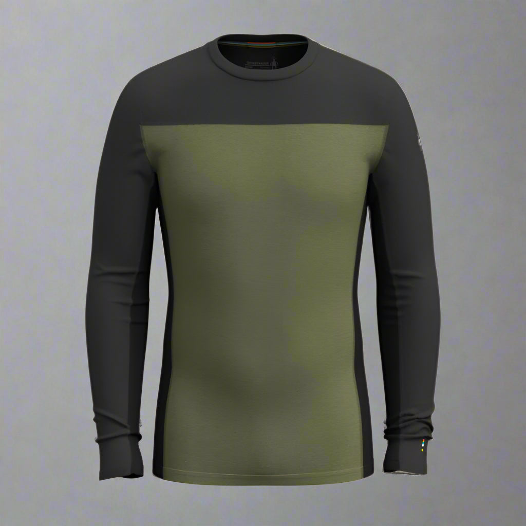 Long-sleeve shirt with black and green color block design on a grey background