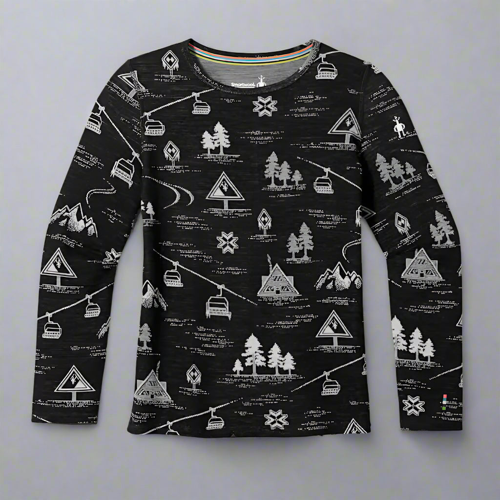 Smartwool thermal merino crew kids Black long-sleeve shirt with white graphic patterns on a white background