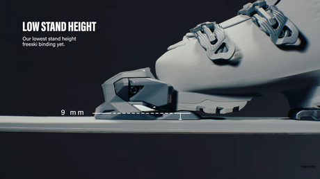 Marker X-Series ski binding showing its low 9 mm toe stance height
