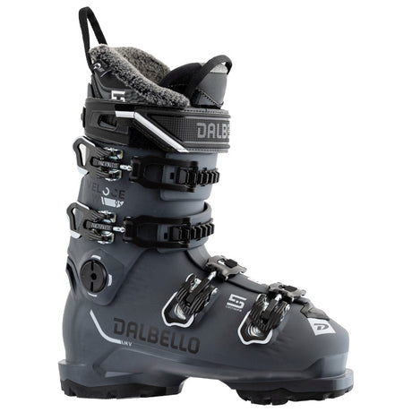 Grey Dalbello Veloce 95 W GW ski boots with black and white accents, featuring adjustable buckles and GripWalk soles.