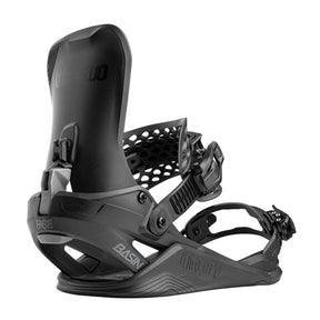 Black snowboard binding on a white background