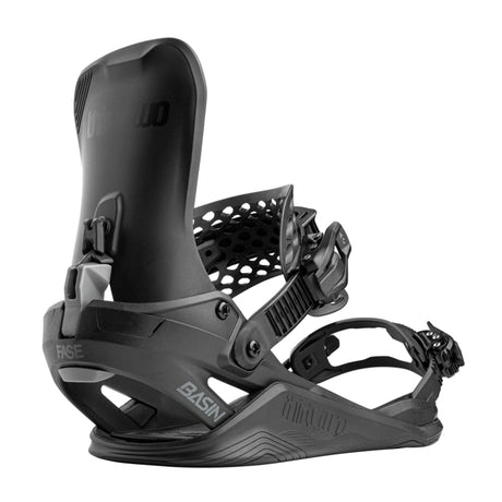 Black snowboard binding on a white background