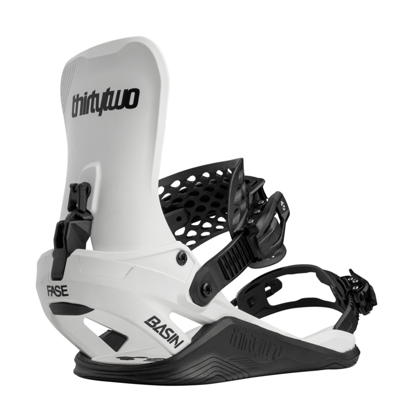 White and black snowboard binding with 'thirtytwo' branding on a white background