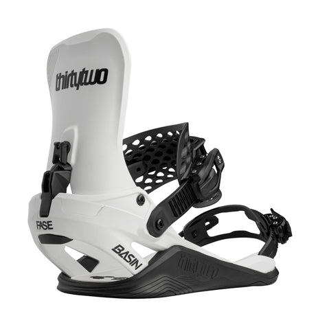 White and black snowboard binding with 'thirtytwo' branding on a white background