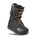 Black snowboard boot with brown laces on a white background
