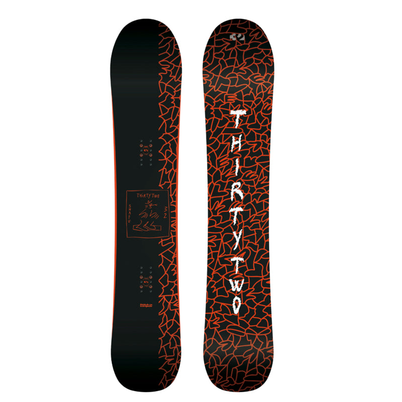 Black and red snowboard with 'Thirty Two' branding on a white background